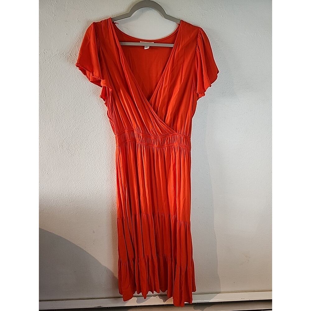 Knox Rose Women's M Orange V Neck Flutter Sleeve Maxi For Petite Flowy